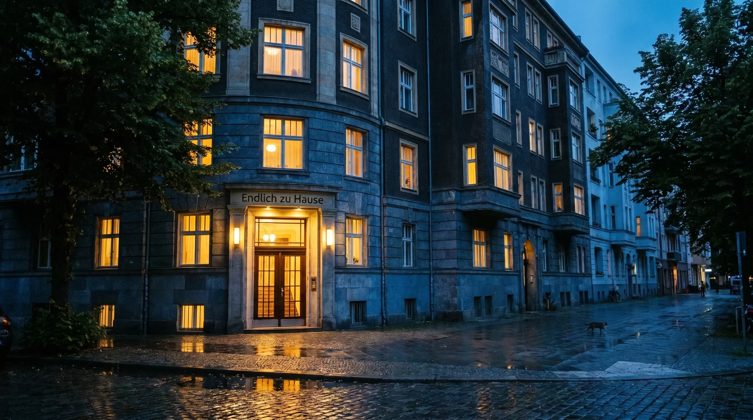 Beleuchteter Altbau-Hauseingang bei Nacht mit Schriftzug Endlich zu Hause