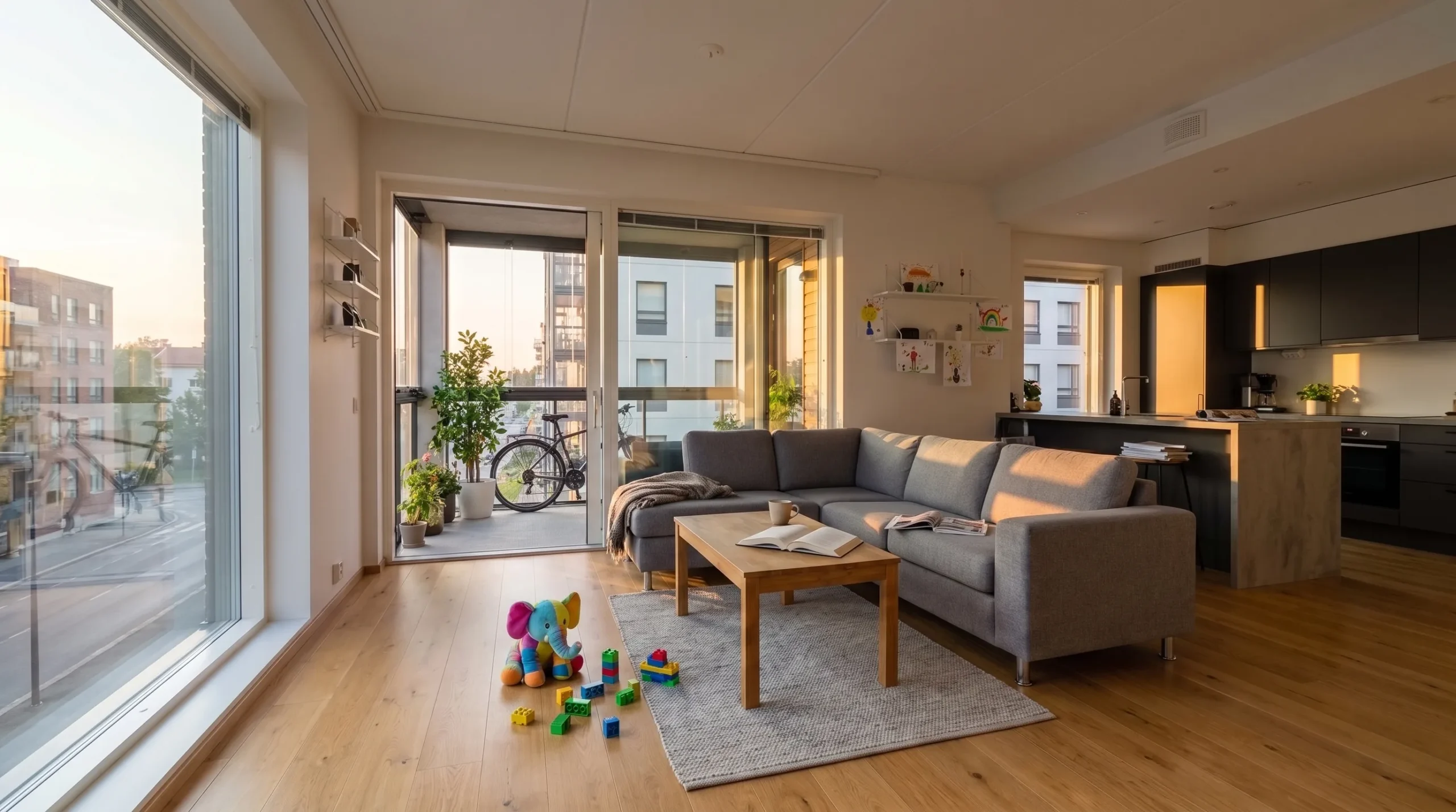 Gemütliches Wohnzimmer mit Terrassentür, Spielzeug und Blick auf Nachbargebäude bei Sonnenuntergang