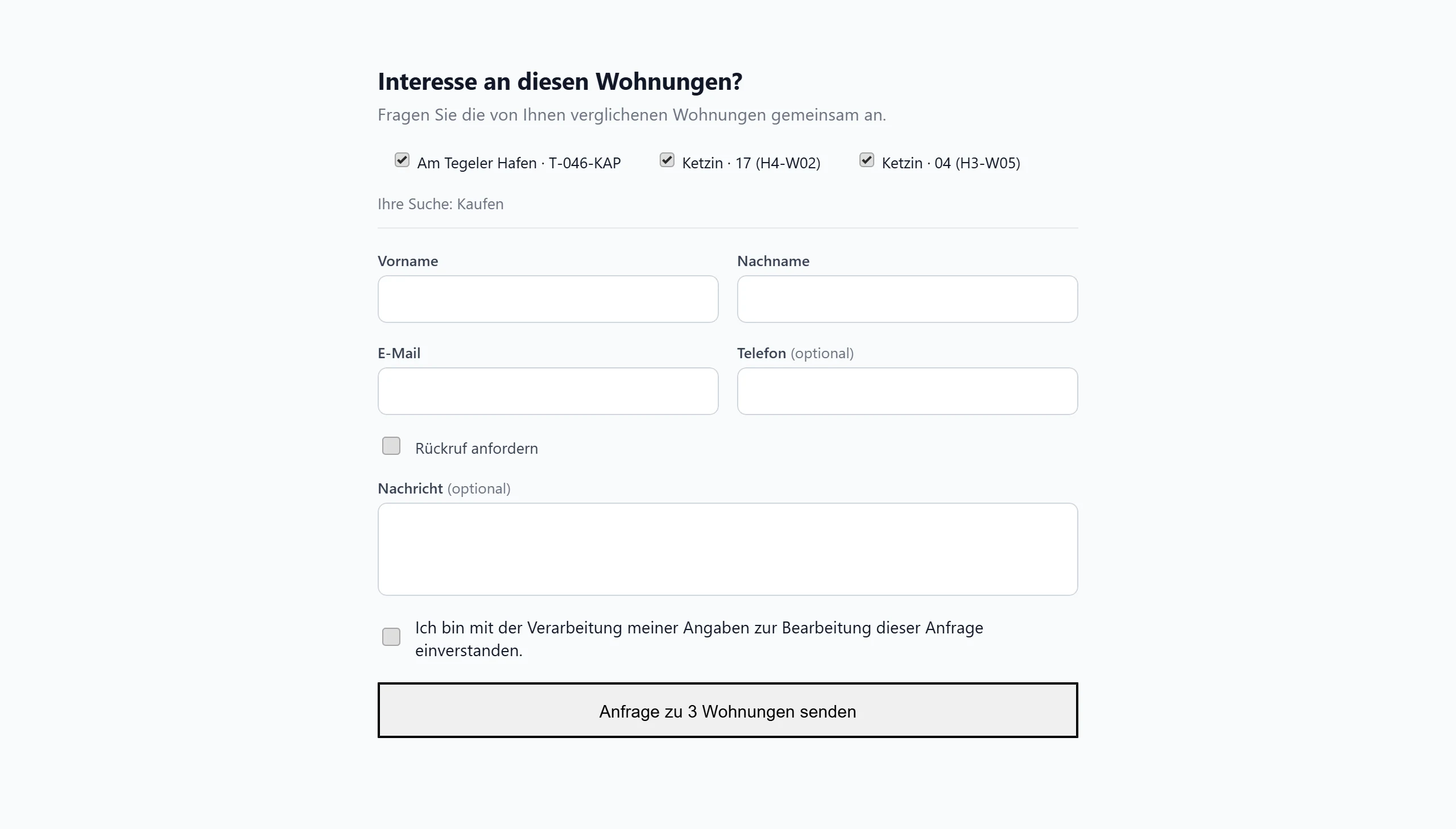 Wohnungsfinder Kontaktformular für eine gemeinsame Anfrage zu mehreren verglichenen Wohnungen