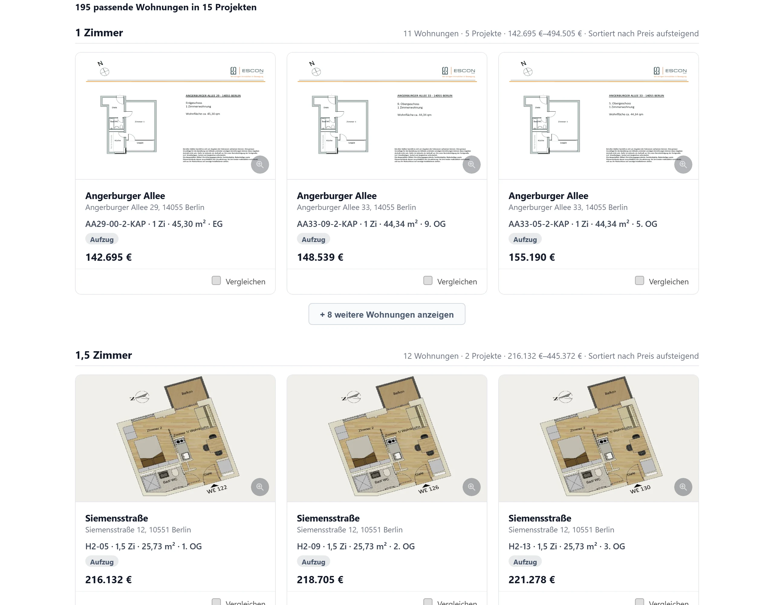 Wohnungsfinder Ergebnisliste mit echten Grundrissen, Preisen und Vergleichen-Auswahl