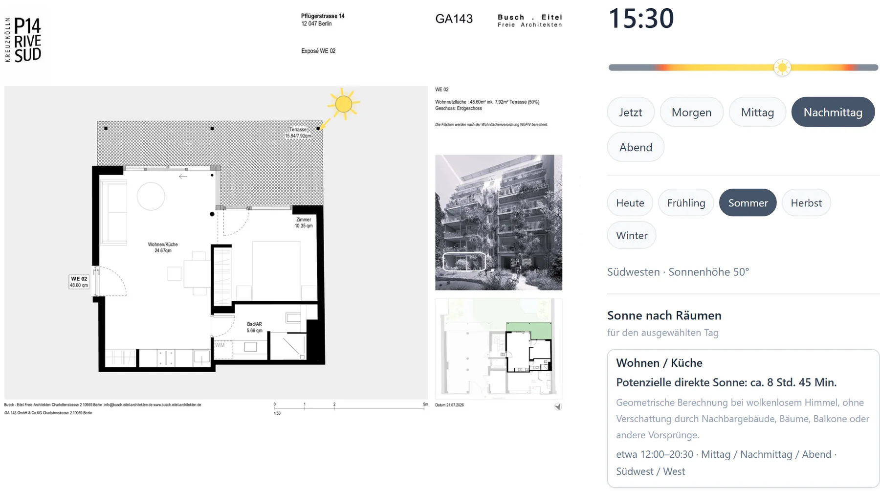 Grundriss einer Wohnung mit Sonnensymbol, Zeitregler, Jahreszeiten-Auswahl und Angaben zur potenziellen direkten Sonne je Raum
