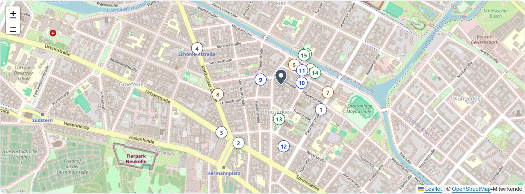 CORE Area Module (CAM): interaktive Karte mit nummerierten Markierungen für ÖPNV, Einkaufsmöglichkeiten, Familienangebote und Freizeitorte rund um eine Immobilie