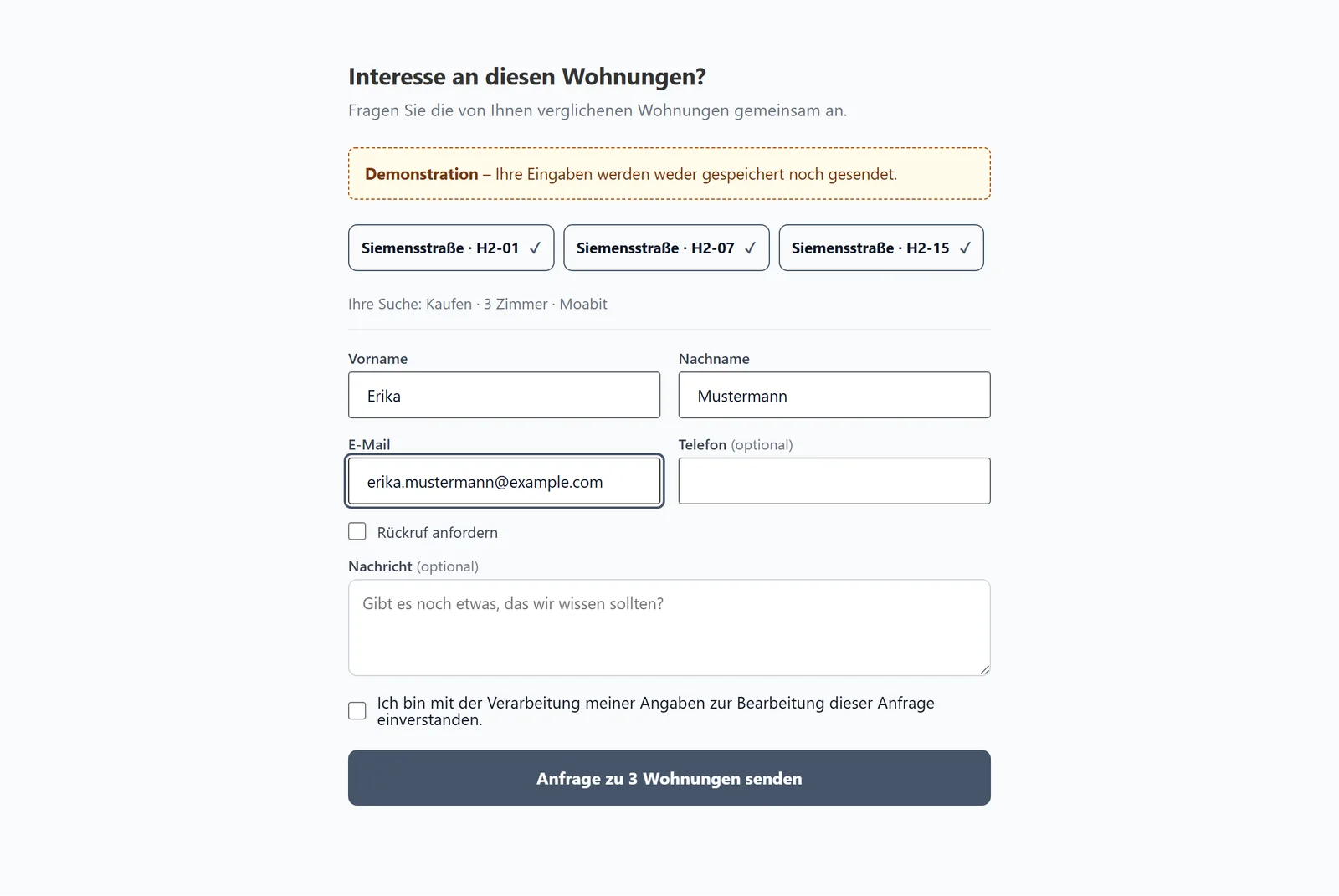 Wohnungsfinder-Anfrageformular für drei ausgewählte Wohnungen mit Demonstrationshinweis