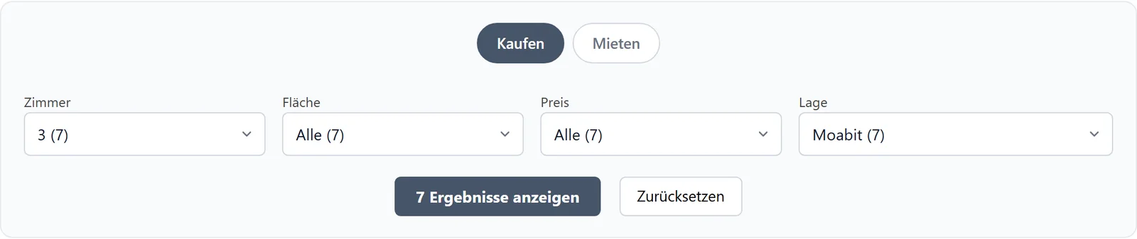Wohnungsfinder-Filter: Kaufen, 3 Zimmer, Lage Moabit; die Schaltfläche zeigt 7 Ergebnisse