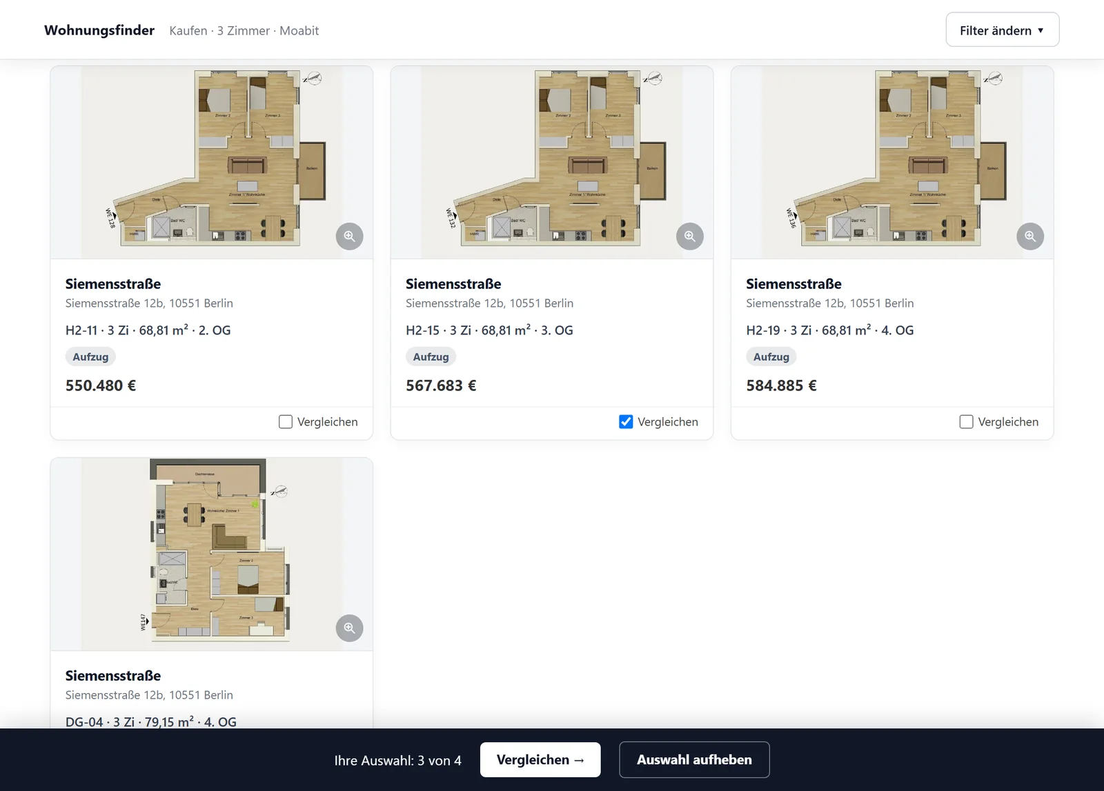 Der CORE Wohnungsfinder: verfügbare Einheiten mit Grundrissen, Preisen und Etage; drei Wohnungen sind für den Vergleich ausgewählt