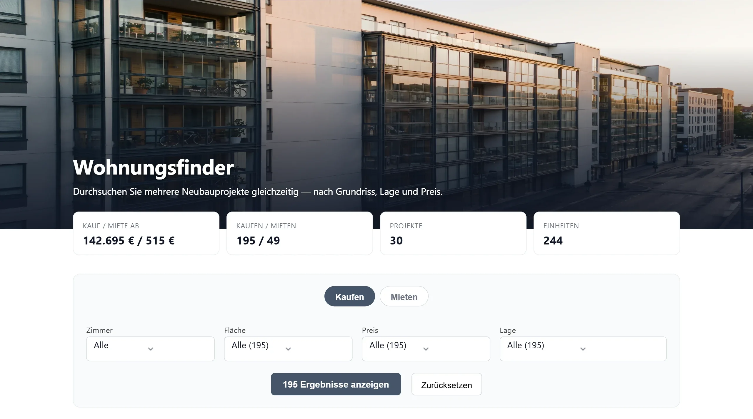 Wohnungsfinder Suchansicht mit Filtern nach Zimmer, Fläche, Preis und Lage