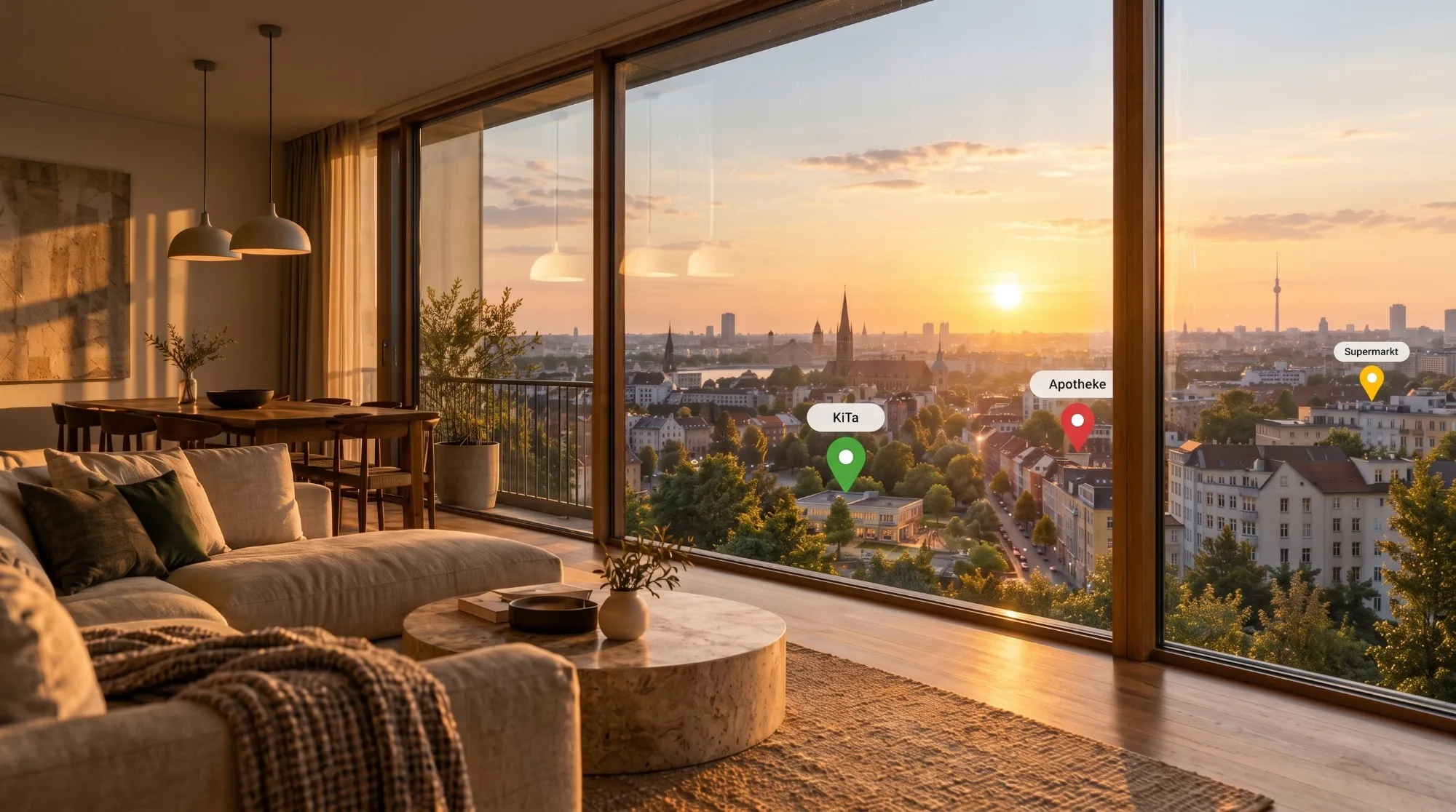Wohnzimmer mit Panoramafenster und Blick über Berlin bei Sonnenuntergang; Kartenmarkierungen zeigen KiTa, Apotheke und Supermarkt in der Umgebung